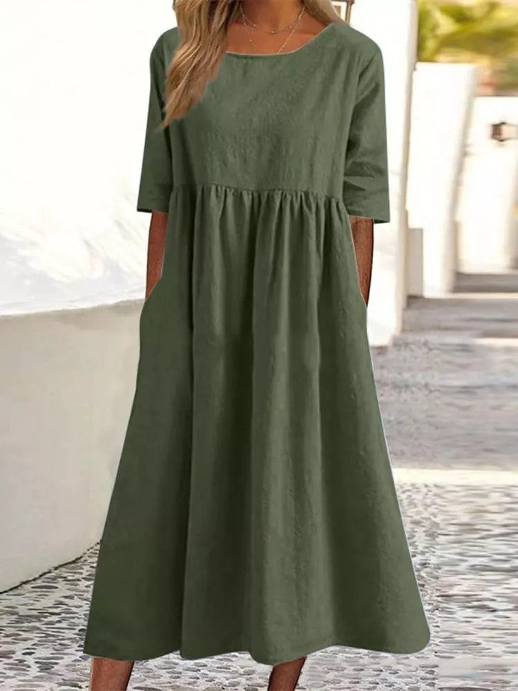 Afslappet Dame Midi Kjole | A-Line | Lommer | Rund Hals