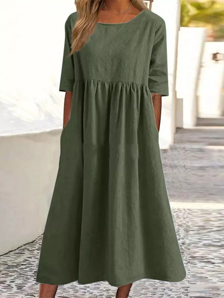 Afslappet Dame Midi Kjole | A-Line | Lommer | Rund Hals