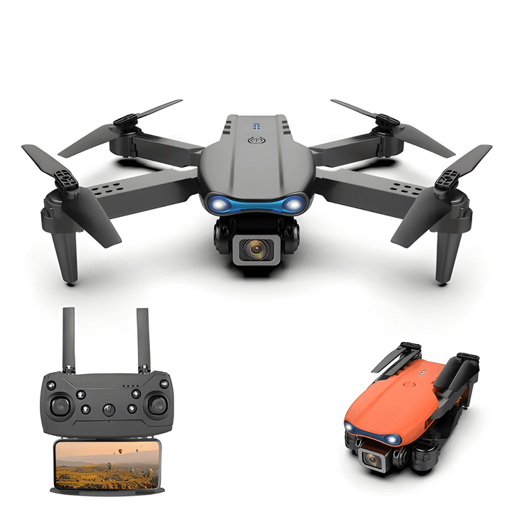 "4K UHD drone med dobbelte kameraer, lang flyvetid, grå design, perfekt til professionelle og hobbyfotografer."
