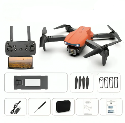"4K UHD drone med dobbelte kameraer, lang flyvetid, grå design, perfekt til professionelle og hobbyfotografer."