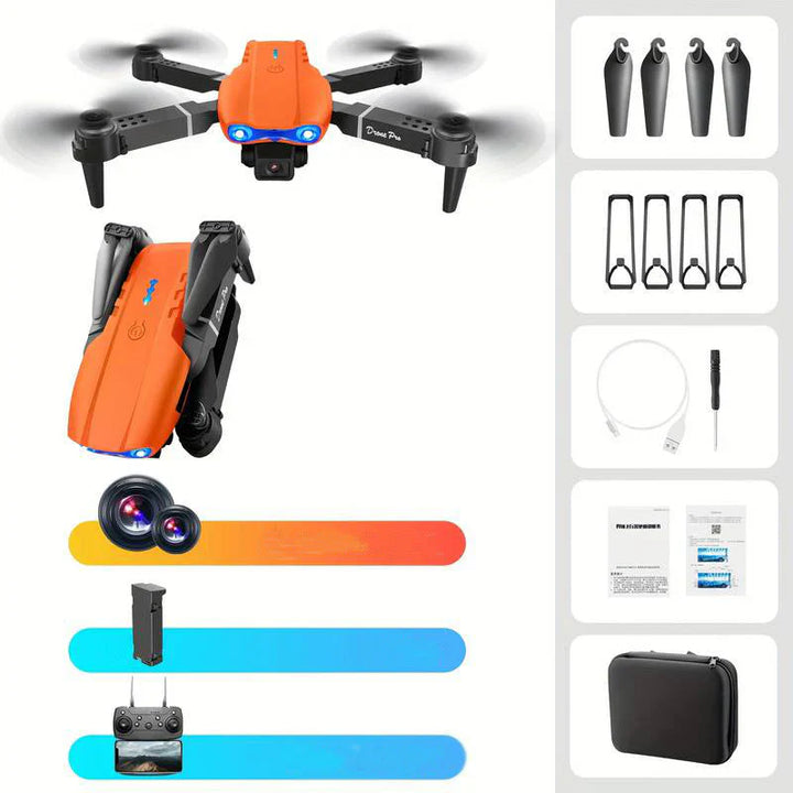 "4K UHD drone med dobbelte kameraer, lang flyvetid, grå design, perfekt til professionelle og hobbyfotografer."
