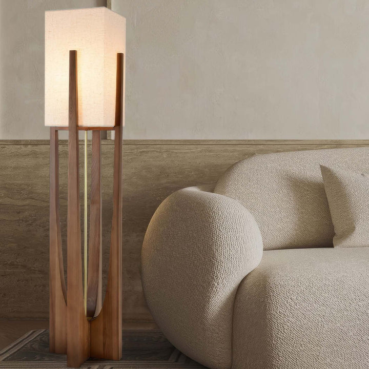 Elegant Gulvlampe i Valnøddetræ med Justerbar Belysning