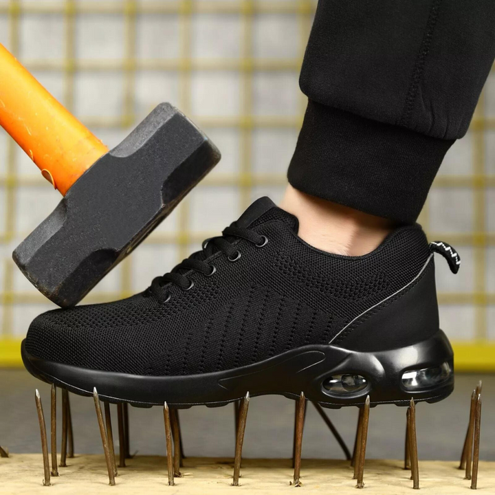 Air Cushion sikkerhedssko til mænd med stålkap, åndbart mesh-design og stødabsorberende sål til optimal komfort.