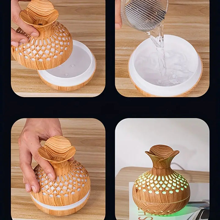 "Aroma diffuser med blomsterdesign, moderne look, tågeteknologi og USB-strøm. Skaber afslappende atmosfære i hjemmet."