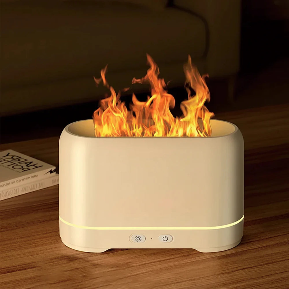 Stilren luftfugter/aroma diffuser i sort/hvid med flammeeffekt for bedre indeklima og velvære. Perfekt til afslapning.