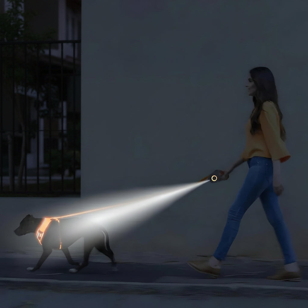 Synlig LED hundesnor med automatisk trækfunktion, tilgængelig i turkis, orange og lilla for sikkerhed om aftenen.