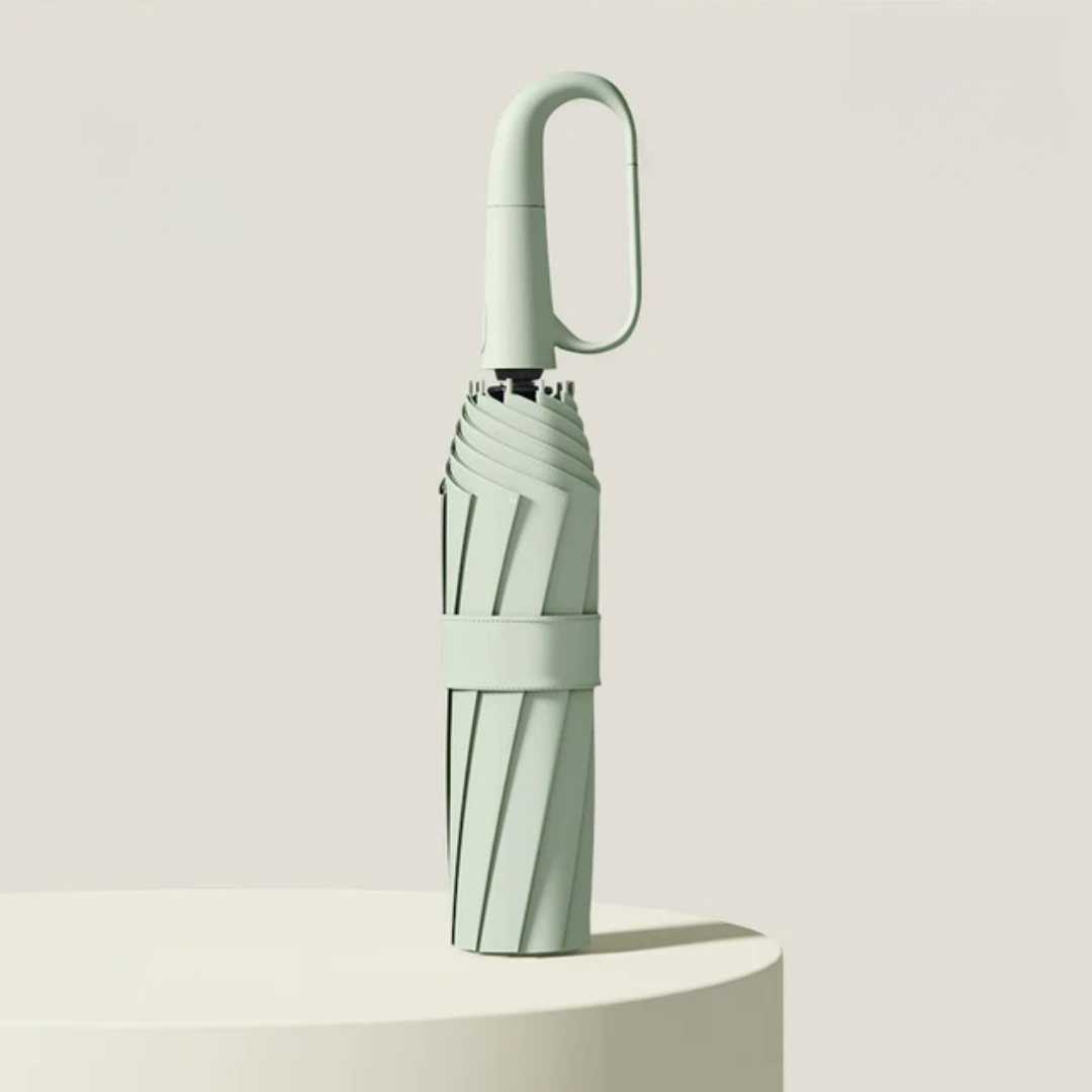 Automatisk vindtæt paraply med reflekterende kant, åben og klar til brug mod regnen med robust design og synlighed.