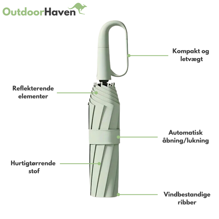 Automatisk vindtæt paraply med reflekterende kant, åben og klar til brug mod regnen med robust design og synlighed.