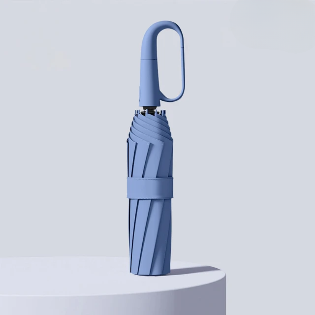 Automatisk vindtæt paraply med reflekterende kant, åben og klar til brug mod regnen med robust design og synlighed.