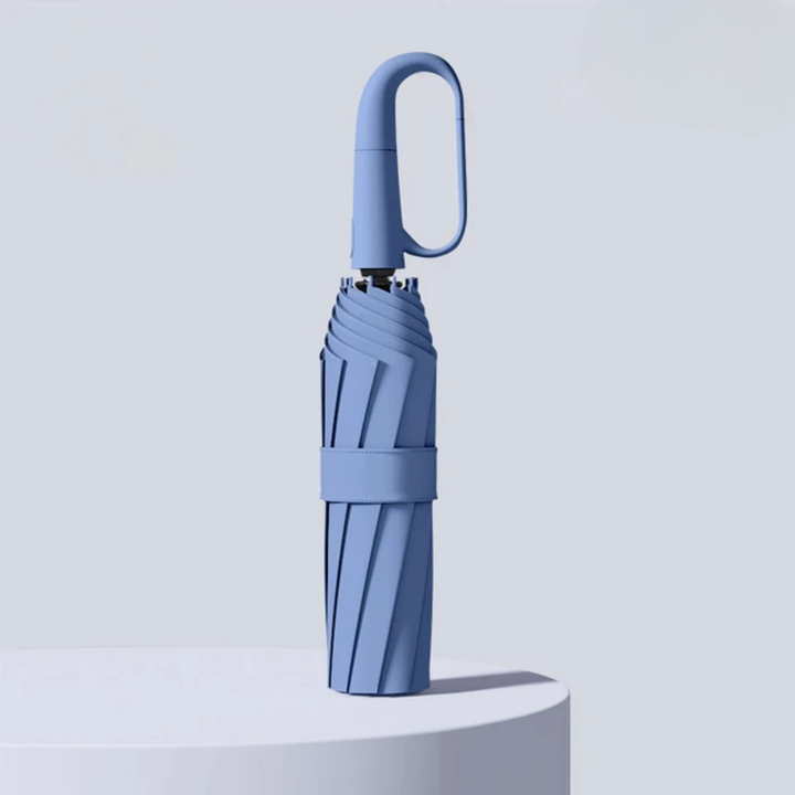 Automatisk vindtæt paraply med reflekterende kant, åben og klar til brug mod regnen med robust design og synlighed.