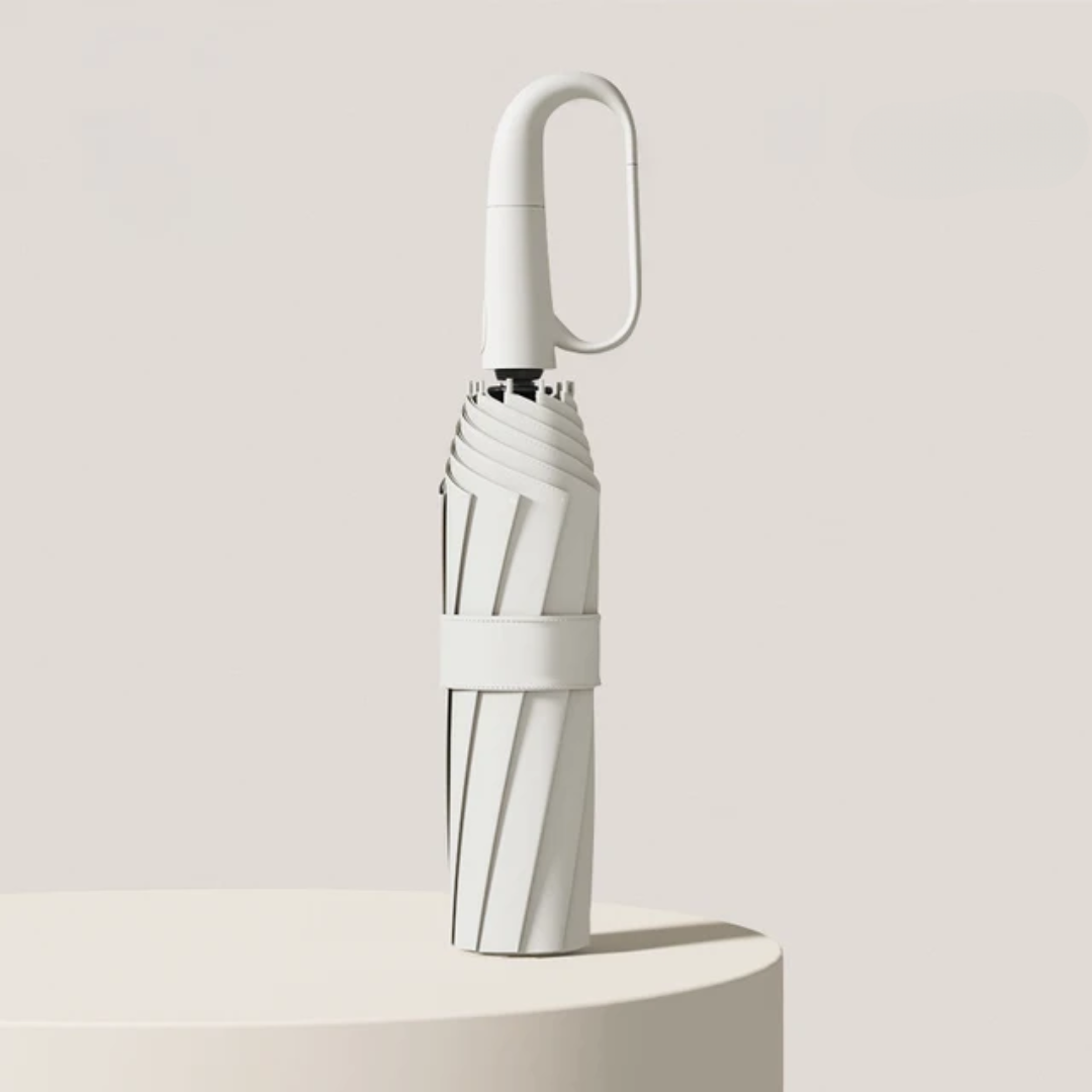 Automatisk vindtæt paraply med reflekterende kant, åben og klar til brug mod regnen med robust design og synlighed.
