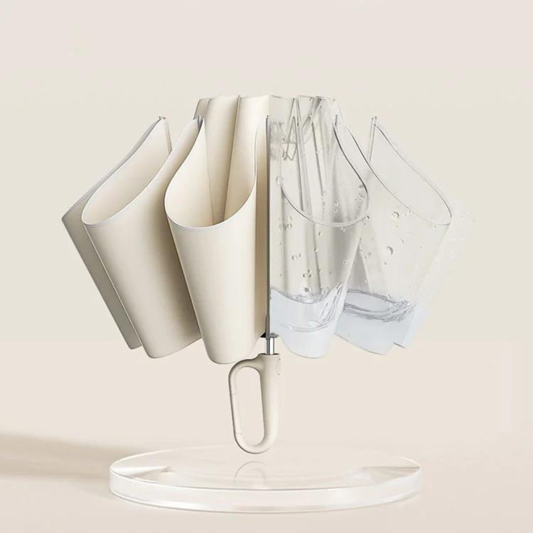 Automatisk vindtæt paraply med reflekterende kant, åben og klar til brug mod regnen med robust design og synlighed.