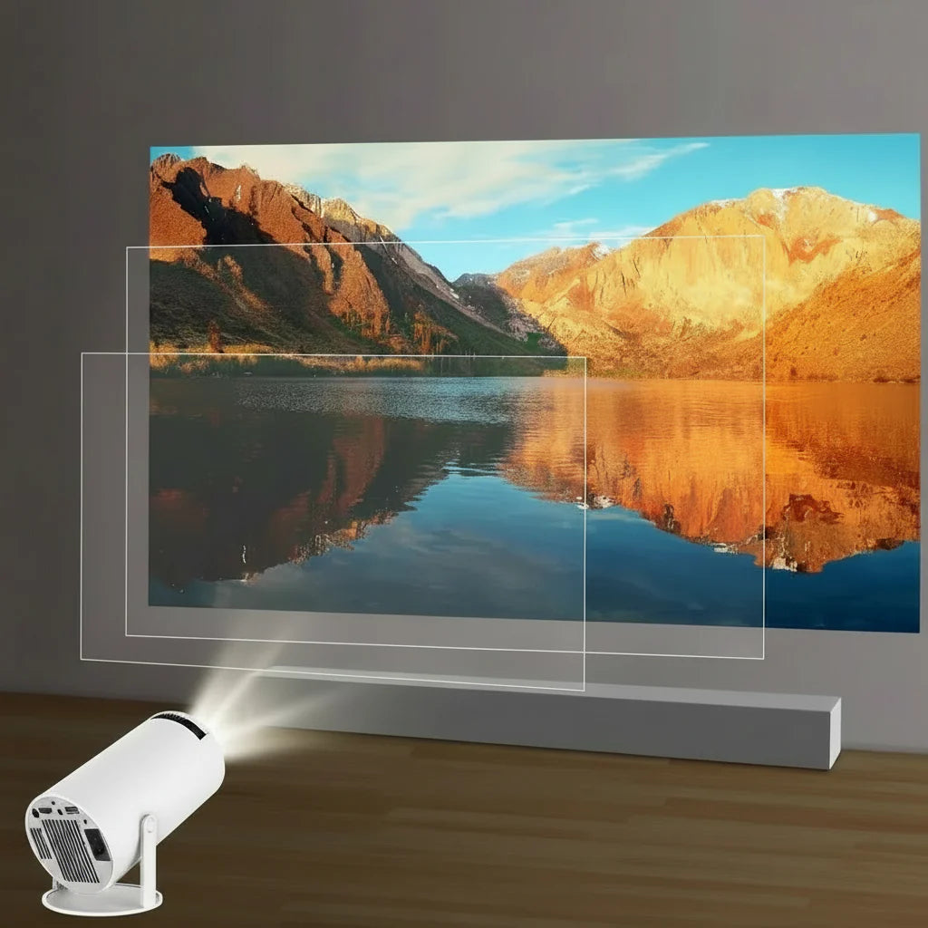 Smart LED projektor til hjemmebiograf med 4K opløsning, trådløs underholdning og nem opsætning.