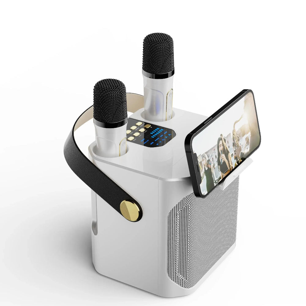 Bærbart karaoke system med to trådløse mikrofoner og fordybende 360° lyd til fest.