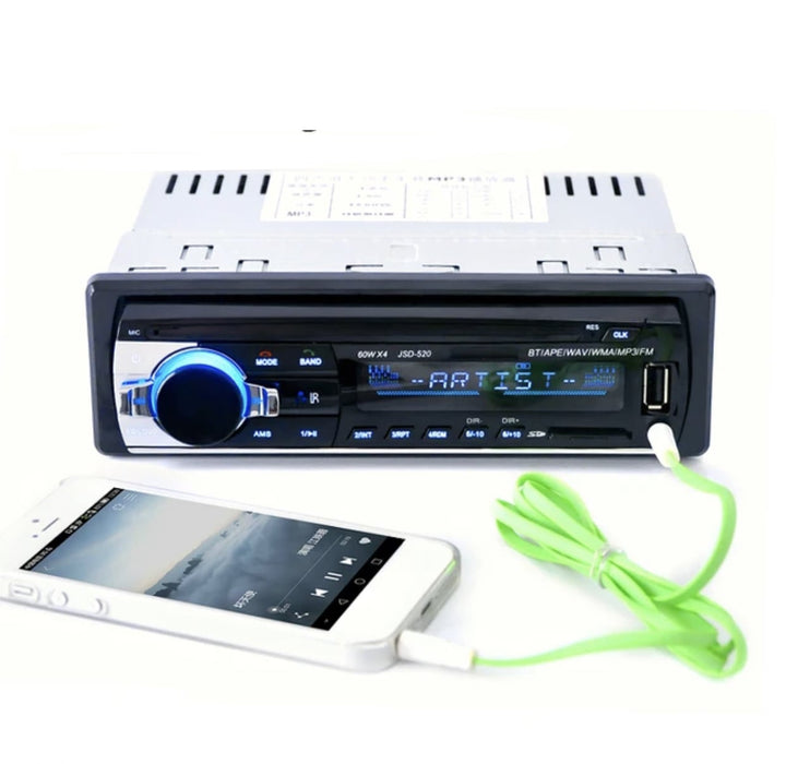 "Bilradio med Bluetooth, multifunktionel, kompakt design, sort og sølv, håndfri opkald, passer i alle biltyper."
