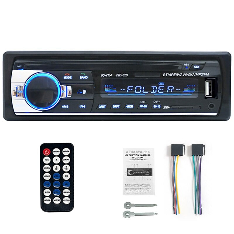 "Bilradio med Bluetooth, multifunktionel, kompakt design, sort og sølv, håndfri opkald, passer i alle biltyper."