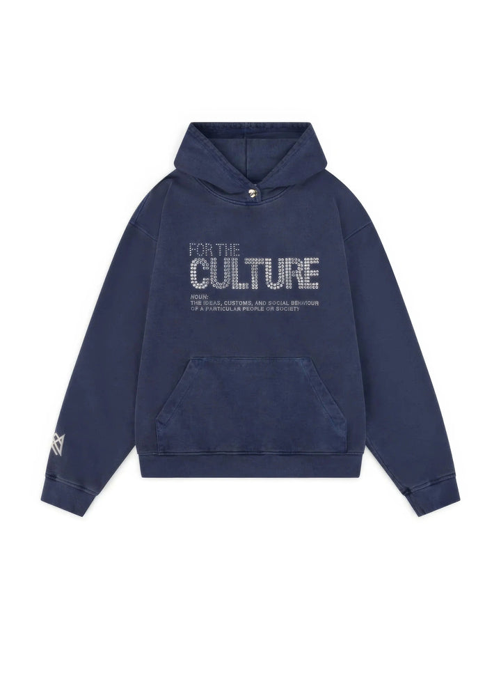 Komfortabel blå unisex hoodie med blødt stof og moderne kulturprint. Ideel til streetwear og afslappet brug.