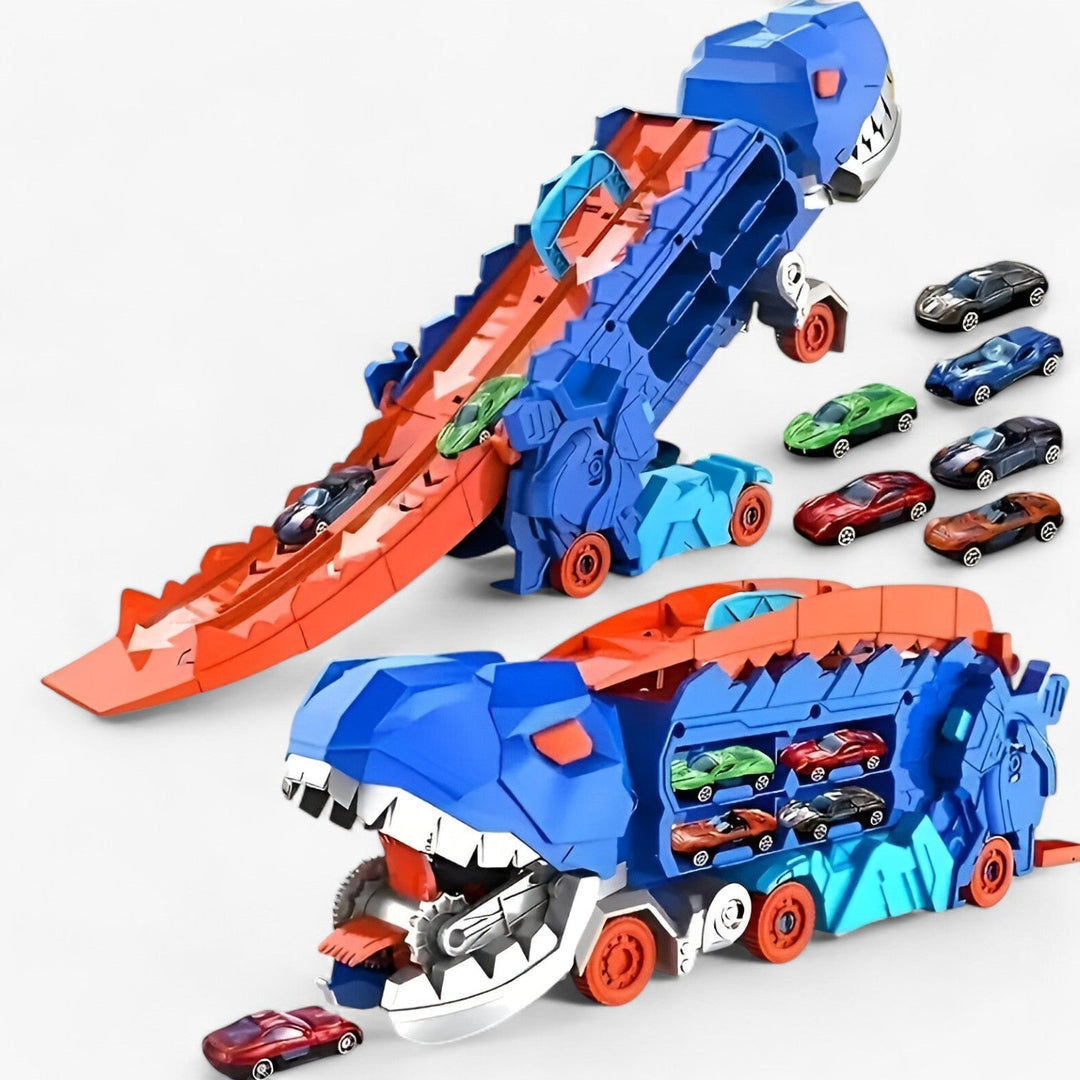 Blå dinosaur transformer legetøjslastbil med realistiske detaljer, foldbar til racerbane, perfekt til eventyrlige børnelege.