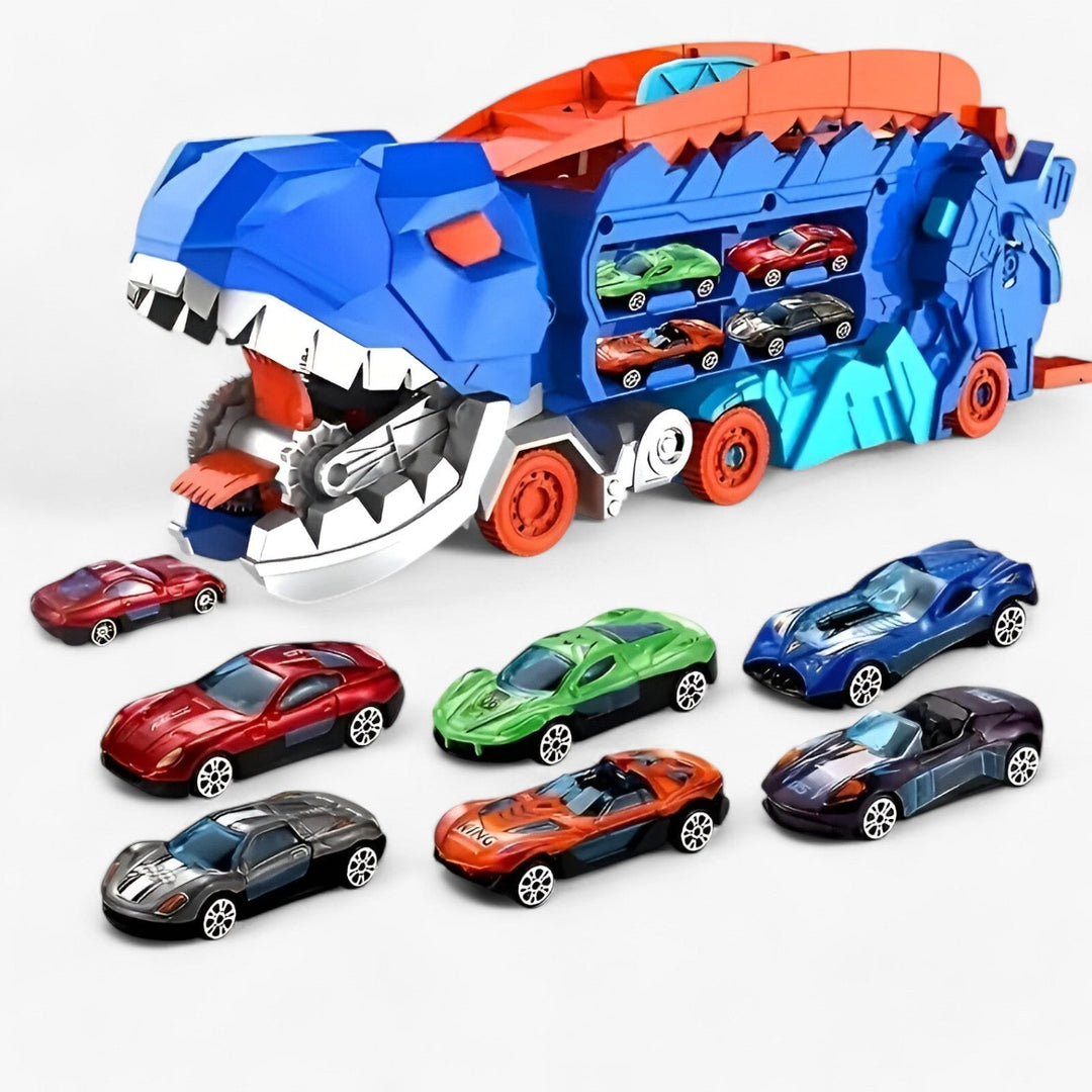 Blå dinosaur transformer legetøjslastbil med realistiske detaljer, foldbar til racerbane, perfekt til eventyrlige børnelege.