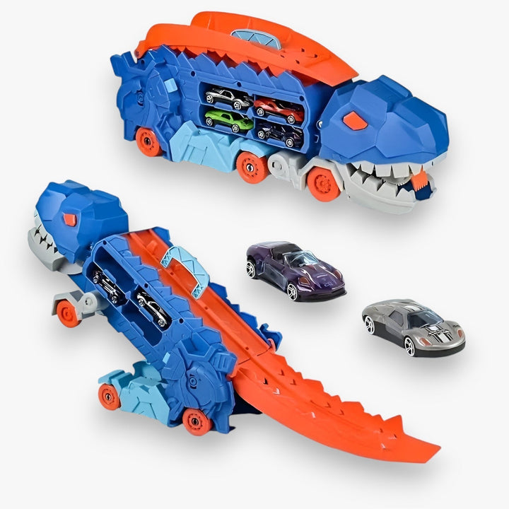 Blå dinosaur transformer legetøjslastbil med realistiske detaljer, foldbar til racerbane, perfekt til eventyrlige børnelege.