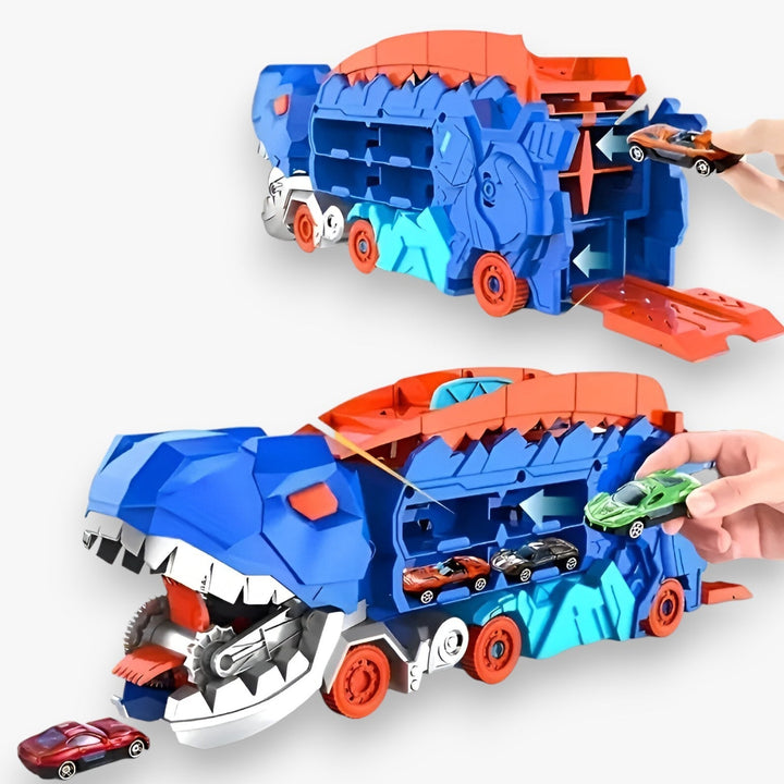 Blå dinosaur transformer legetøjslastbil med realistiske detaljer, foldbar til racerbane, perfekt til eventyrlige børnelege.
