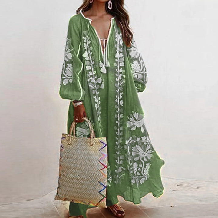 Dame Boheme Blomster Maxi Kjole med lange ærmer i gul, elegant design og afslappet look til sommer.