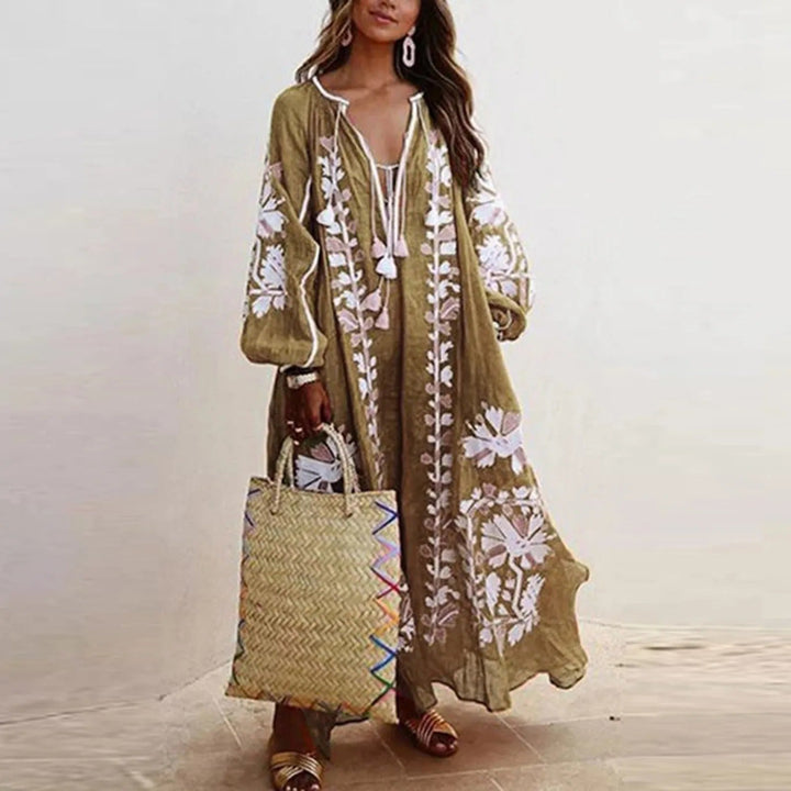 Dame Boheme Blomster Maxi Kjole med lange ærmer i gul, elegant design og afslappet look til sommer.