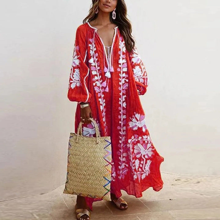 Dame Boheme Blomster Maxi Kjole med lange ærmer i gul, elegant design og afslappet look til sommer.