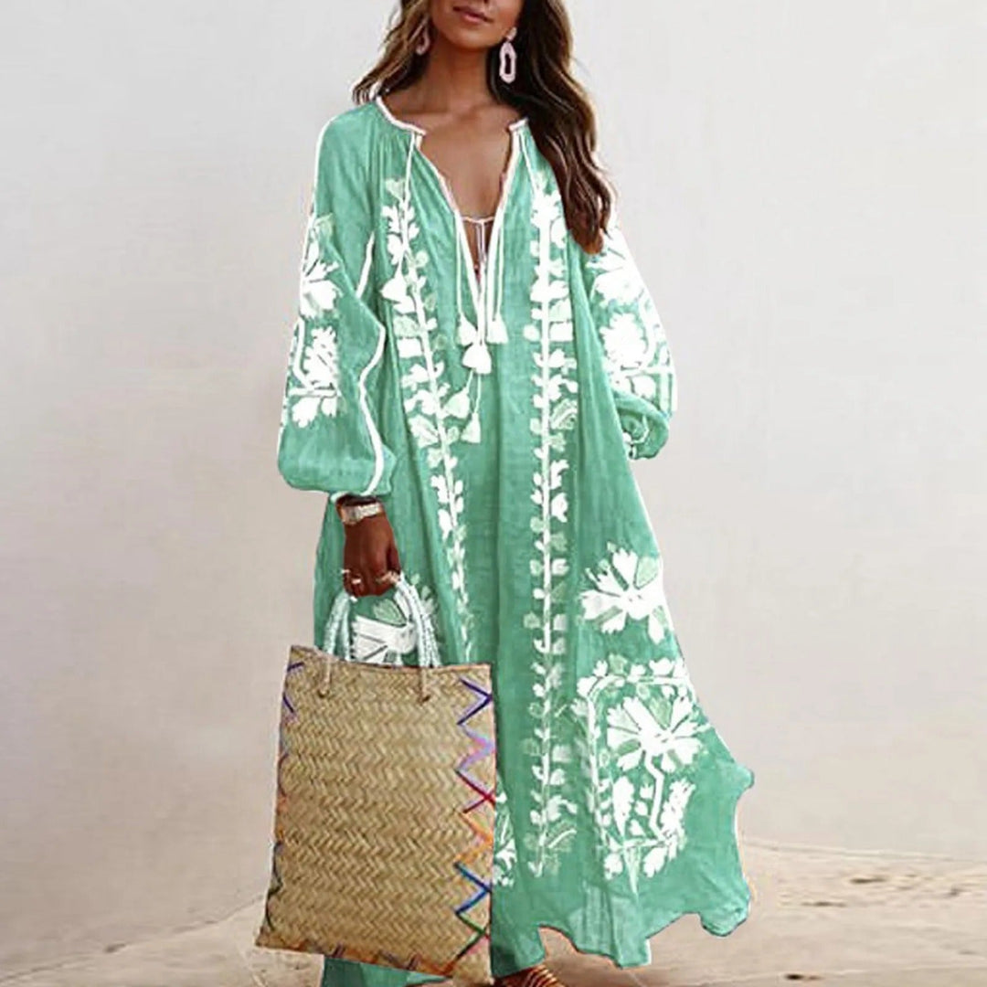Dame Boheme Blomster Maxi Kjole med lange ærmer i gul, elegant design og afslappet look til sommer.
