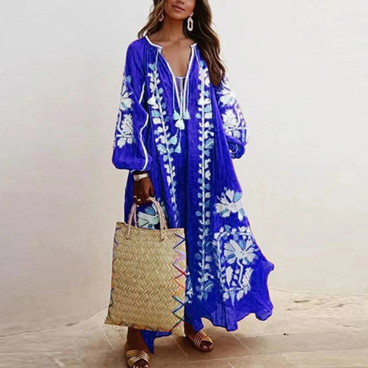 Dame Boheme Blomster Maxi Kjole med lange ærmer i gul, elegant design og afslappet look til sommer.