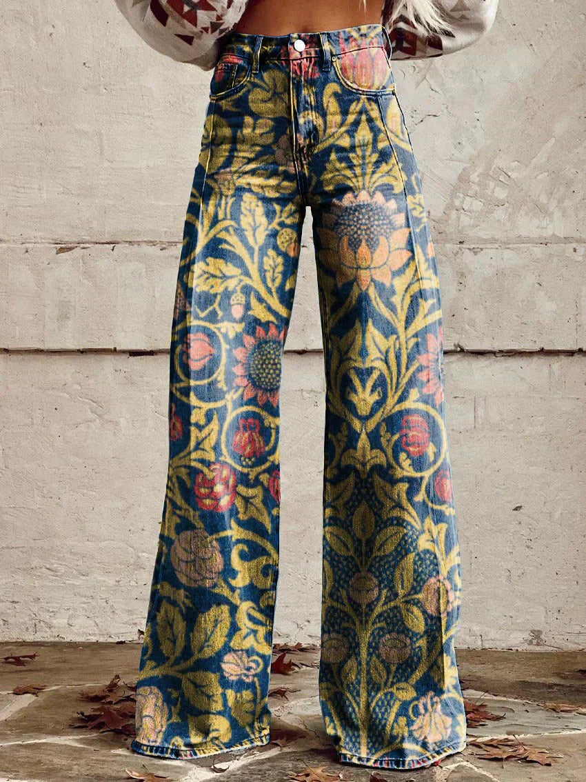 "Boho vintage bukser med løstsiddende fit og unikt mønster, komfortable til dagligt brug eller festlige anledninger"