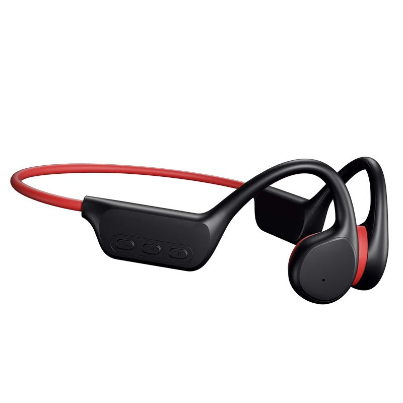 "Bone conduction hovedtelefoner i sort, med komfortabel bag-øret design, ideel til sikker lytning ved udendørs aktiviteter."
