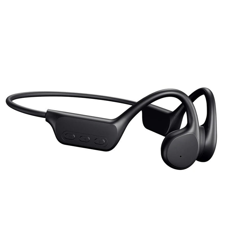 "Bone conduction hovedtelefoner i sort, med komfortabel bag-øret design, ideel til sikker lytning ved udendørs aktiviteter."