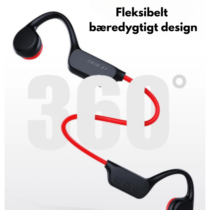 "Bone conduction hovedtelefoner i sort, med komfortabel bag-øret design, ideel til sikker lytning ved udendørs aktiviteter."