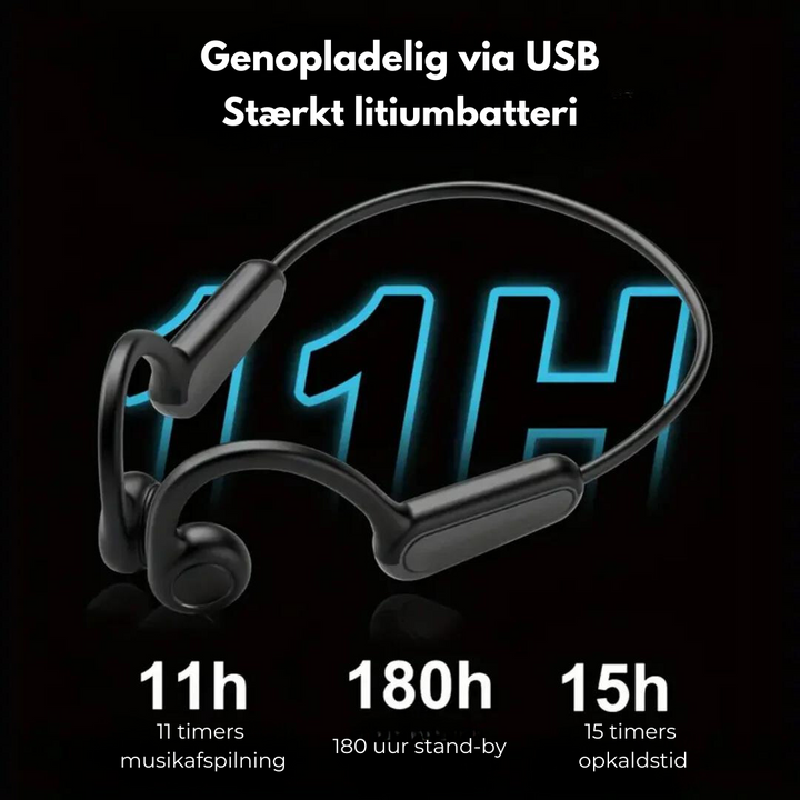 "Bone conduction hovedtelefoner i sort, med komfortabel bag-øret design, ideel til sikker lytning ved udendørs aktiviteter."