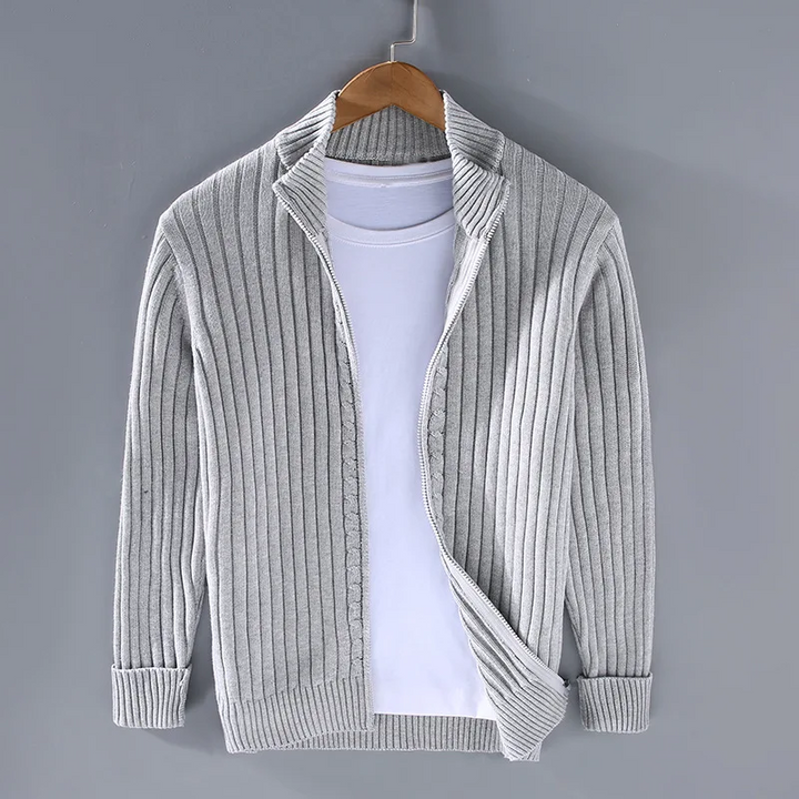 "Casual cardigan med lynlås, rullekrave og lange ærmer, stilfuldt design til mænd, grå farve."