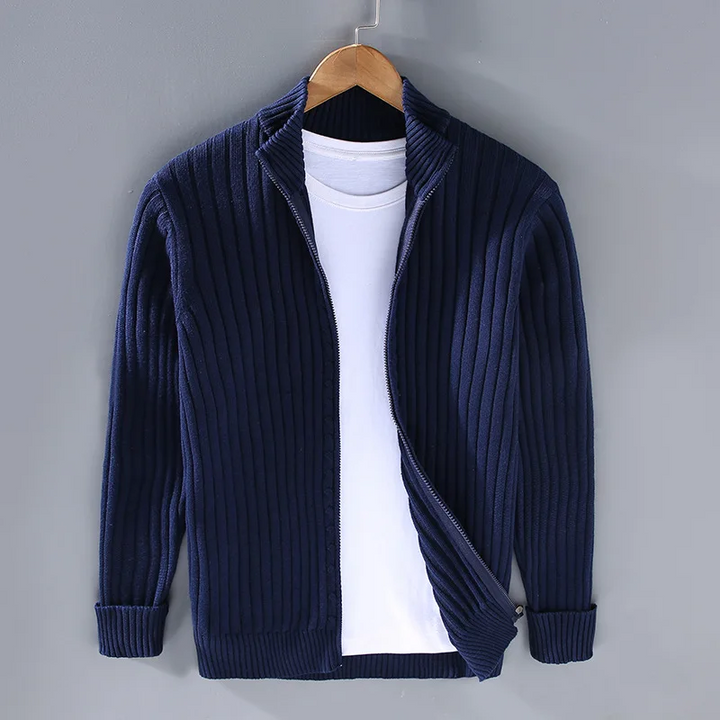 "Casual cardigan med lynlås, rullekrave og lange ærmer, stilfuldt design til mænd, grå farve."