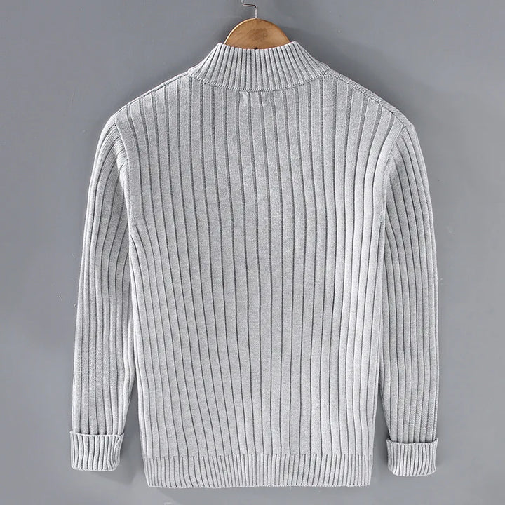 "Casual cardigan med lynlås, rullekrave og lange ærmer, stilfuldt design til mænd, grå farve."
