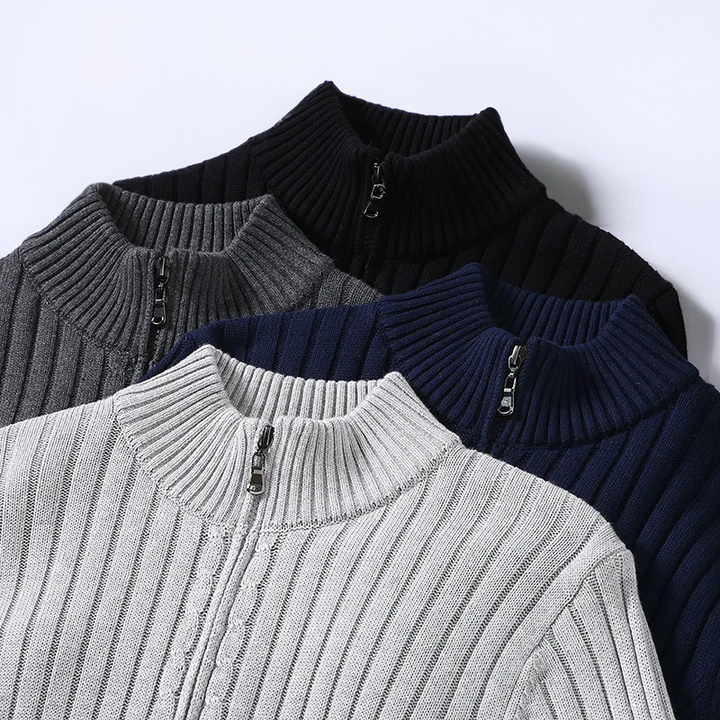 "Casual cardigan med lynlås, rullekrave og lange ærmer, stilfuldt design til mænd, grå farve."
