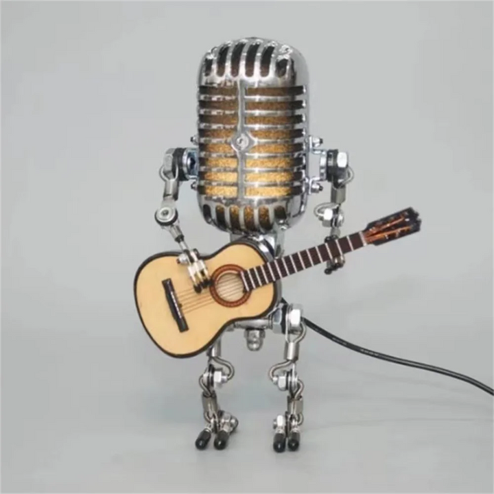 Sort og hvid robot stemningslampe med LED lys, musiktema. Ideel som natlampe eller dekorativ bordlampe.