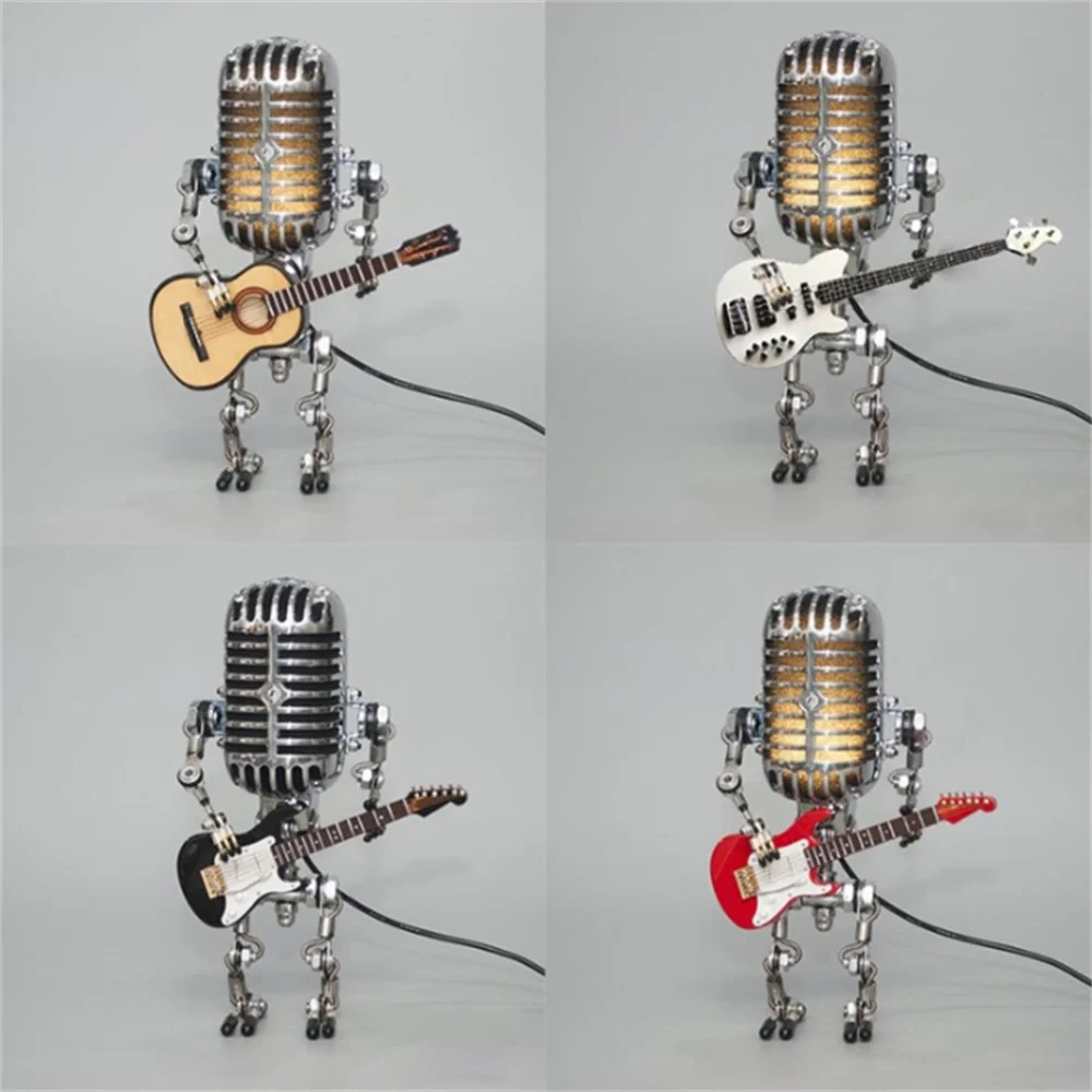 Gul og rød robot stemningslampe med musiktema. Sjov LED bordlampe der skaber hyggelig atmosfære i hjemmet.