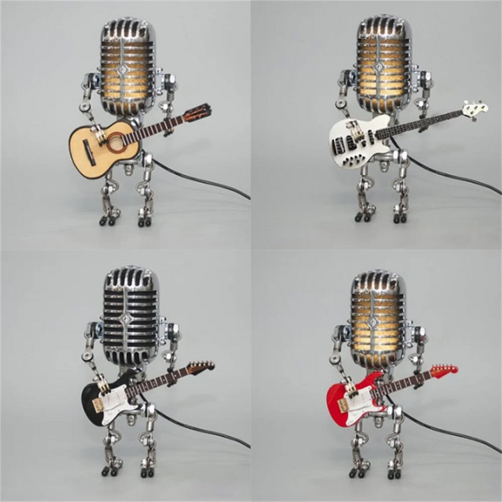 Gul og rød robot stemningslampe med musiktema. Sjov LED bordlampe der skaber hyggelig atmosfære i hjemmet.