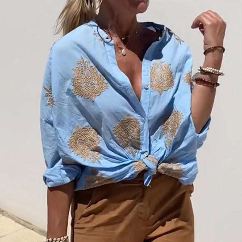 "Chic sommerbluse til damer, letvægts og åndbar, elegant print, perfekt til solrige dage, flerfarvet"