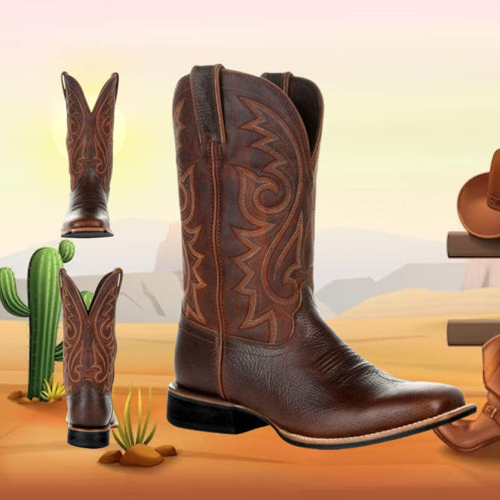 Cowboy læderstøvler til mænd i slidstærkt PU-læder med klassisk westernstil og komfortabel pasform.