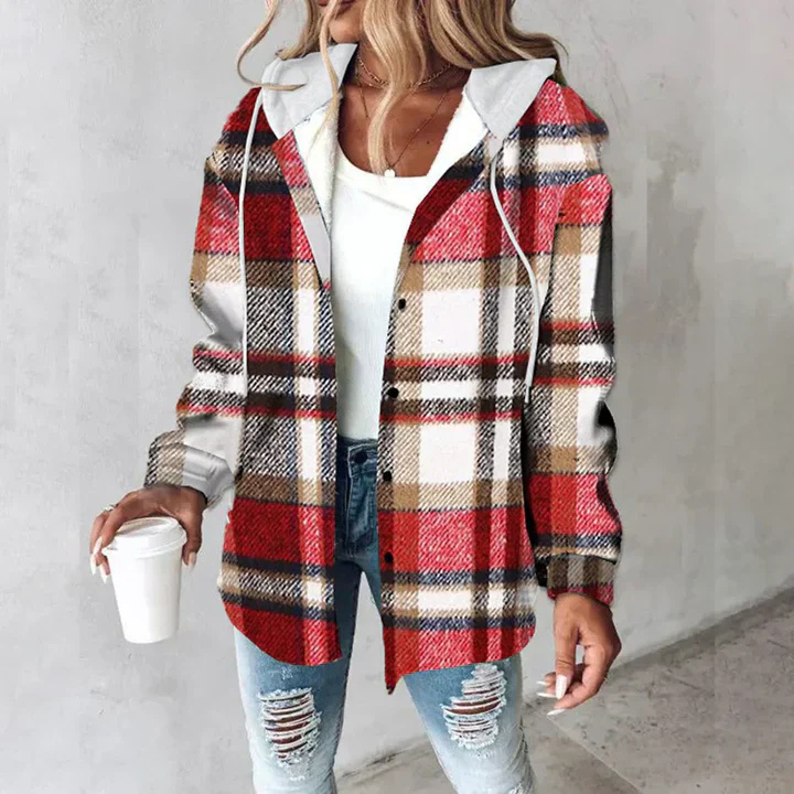 Stilfuld ternet dame flanneljakke med hætte. En moderne og varm hættejakke til streetstyle og fritid.