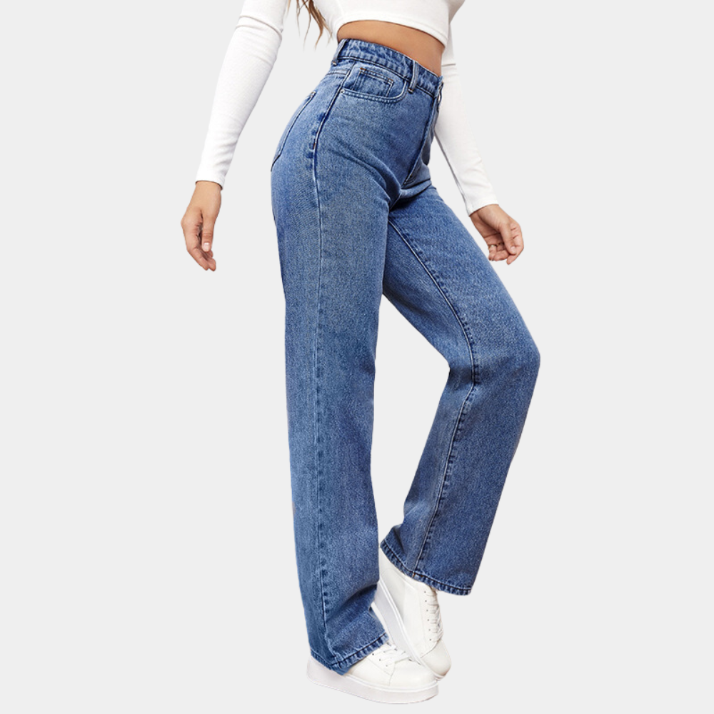 Dame højtaljede straight-leg jeans i klassisk blå. Perfekt til hverdag og basisgarderoben.