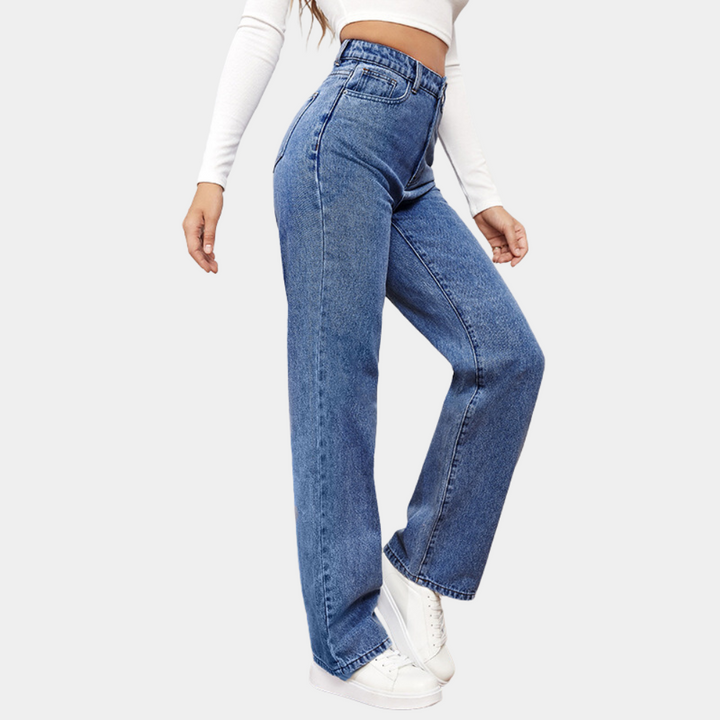 Dame højtaljede straight-leg jeans i klassisk blå. Perfekt til hverdag og basisgarderoben.
