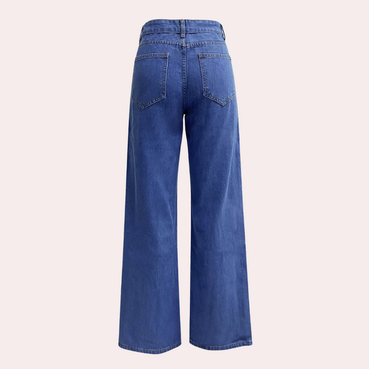 Bagside af klassiske blå højtaljede straight-leg damejeans med komfortabel pasform. Ideel til hverdagstøj.