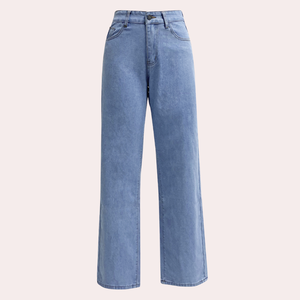 Detalje af taljen på højtaljede straight-leg jeans, der viser den flatterende pasform. Tidløs stil.