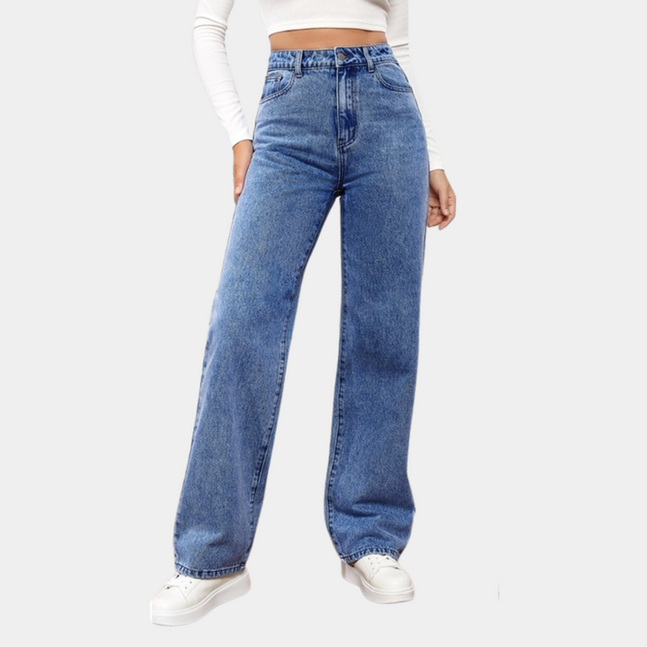 Komfortable blå højtaljede straight-leg jeans til damer. Den perfekte afslappede basisgarderobe til enhver lejlighed.